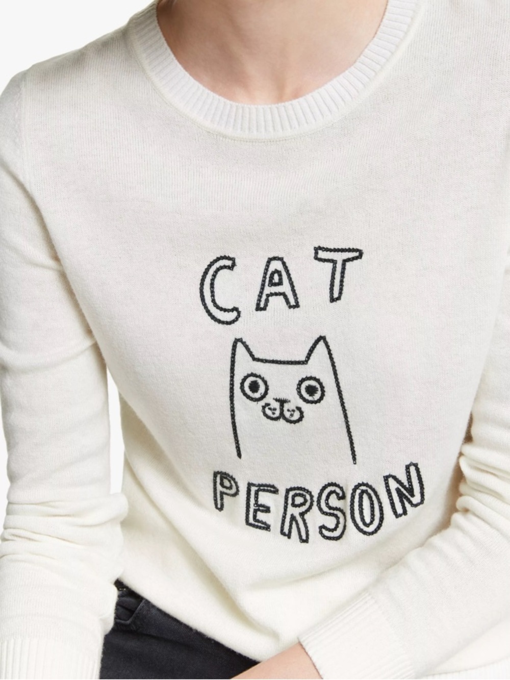 Boden | Estella ‘Cat Person’ Embroidered Graphic Crewneck Sweater Cashmere Wool